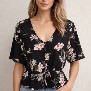 Love Fire Black Floral Cinched Feminine Bohemian Peplum Scoop Neckline Blouse
